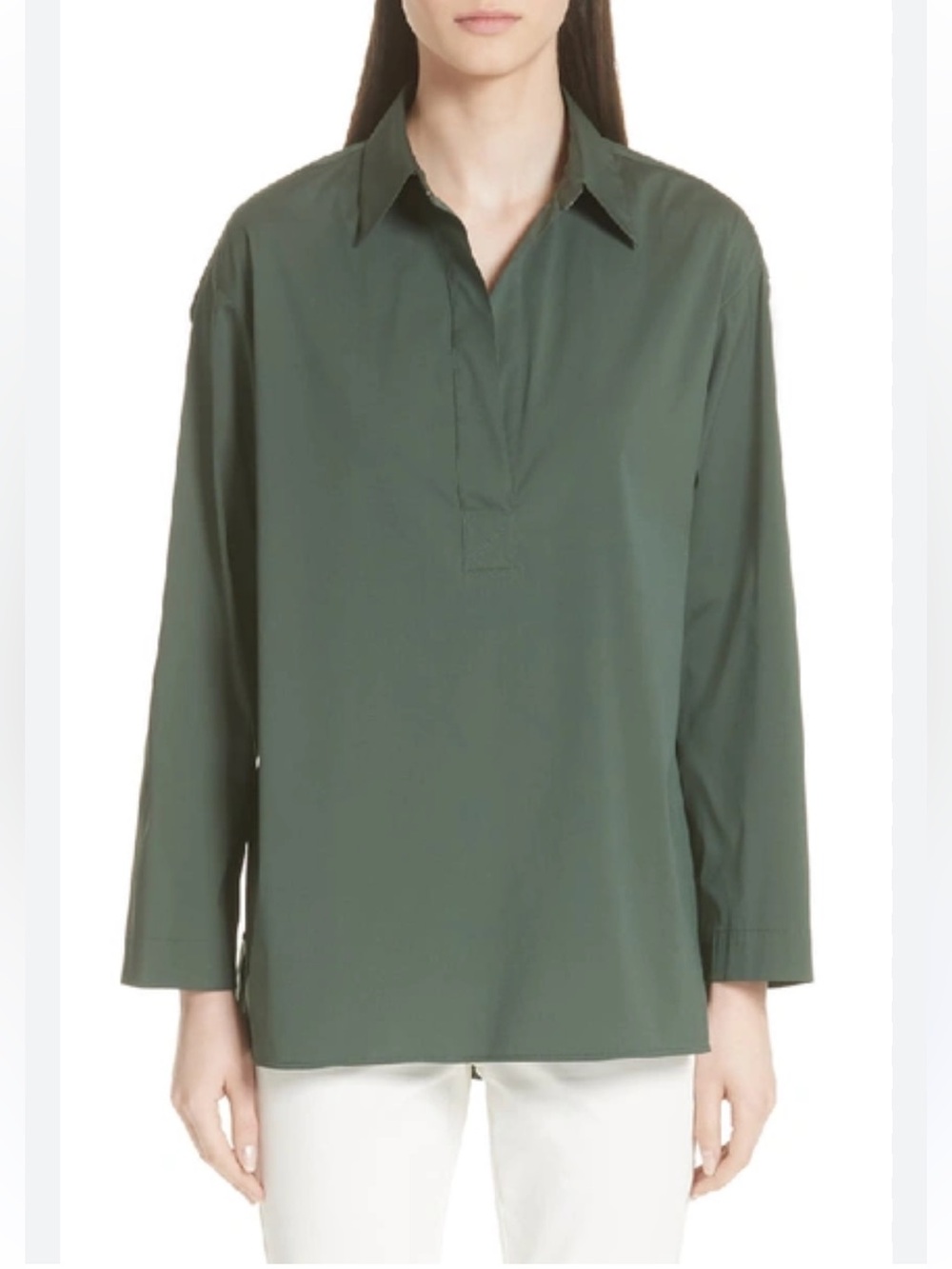 Lafayette 148 New York Beckett collared Henley Blouse Size S Bottle Green